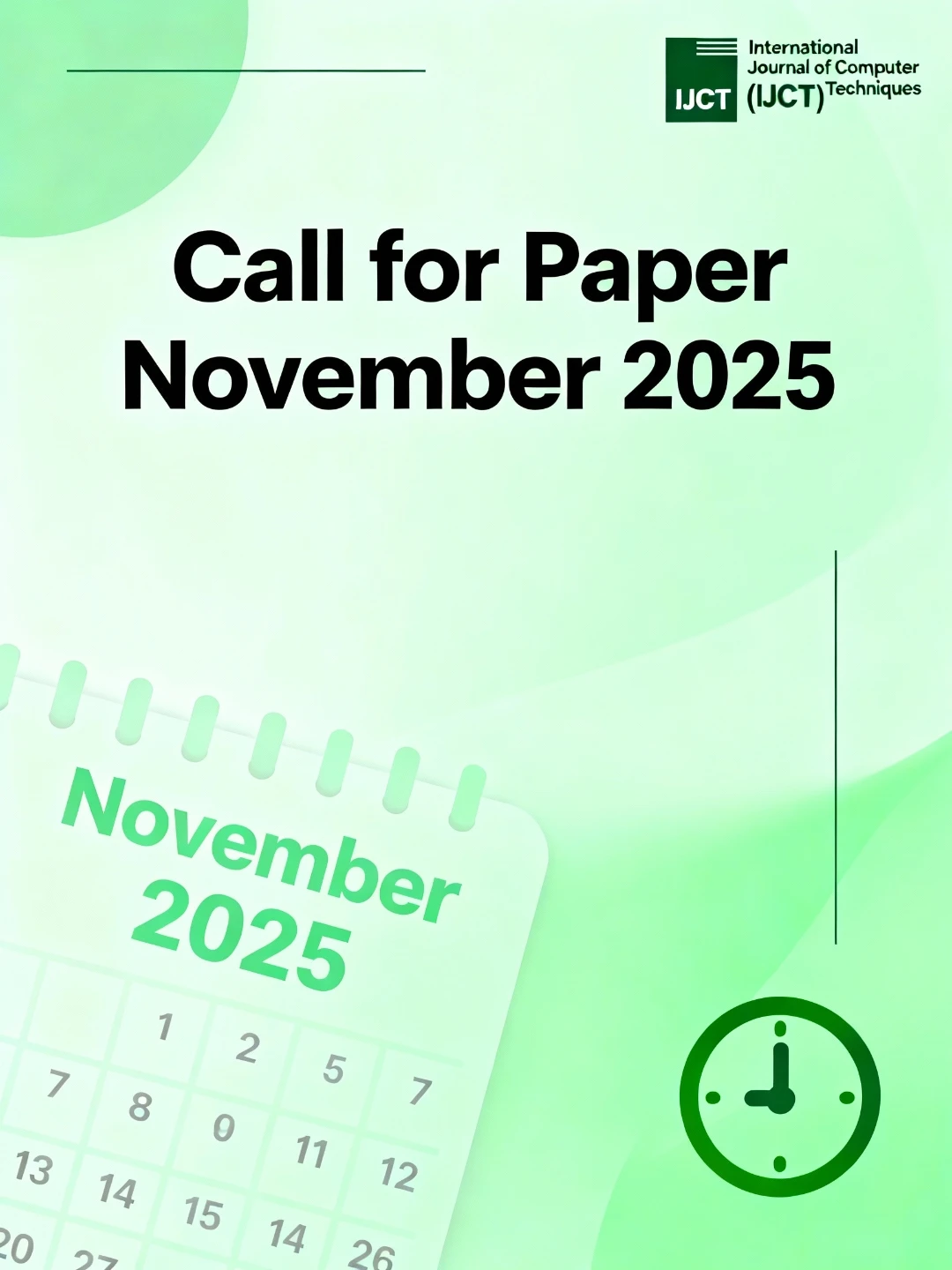 Call for Paper submission illustration for International Journal of Computer Techniques (IJCT), green academic theme with calendar and clock icons.